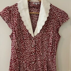 Reformation Burgundy and White Patterned Blouse with heart details
